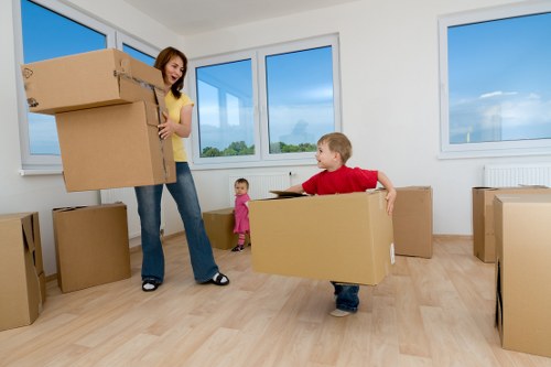 Packed boxes and removal van for a flat move in Fulham